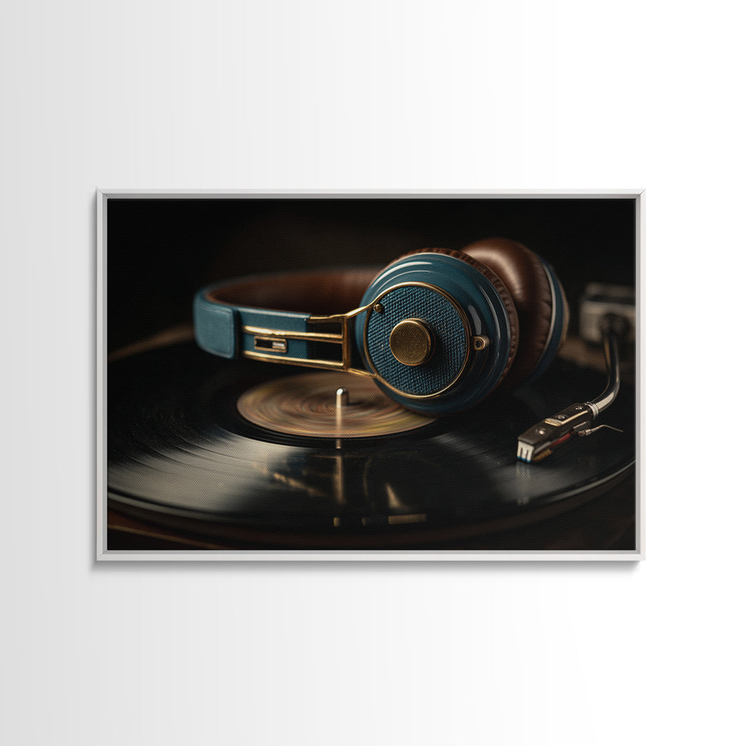 Headphones Resting on a Vinyl Record Canvas Print, Recording Studio Art, Music Posters, Studio Decor, Fine Art, Analog, RSA-3x2-57