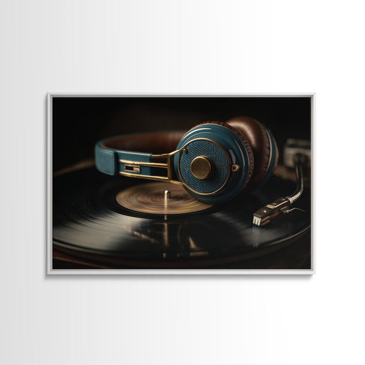 Headphones Resting on a Vinyl Record Canvas Print, Recording Studio Art, Music Posters, Studio Decor, Fine Art, Analog, RSA-3x2-57