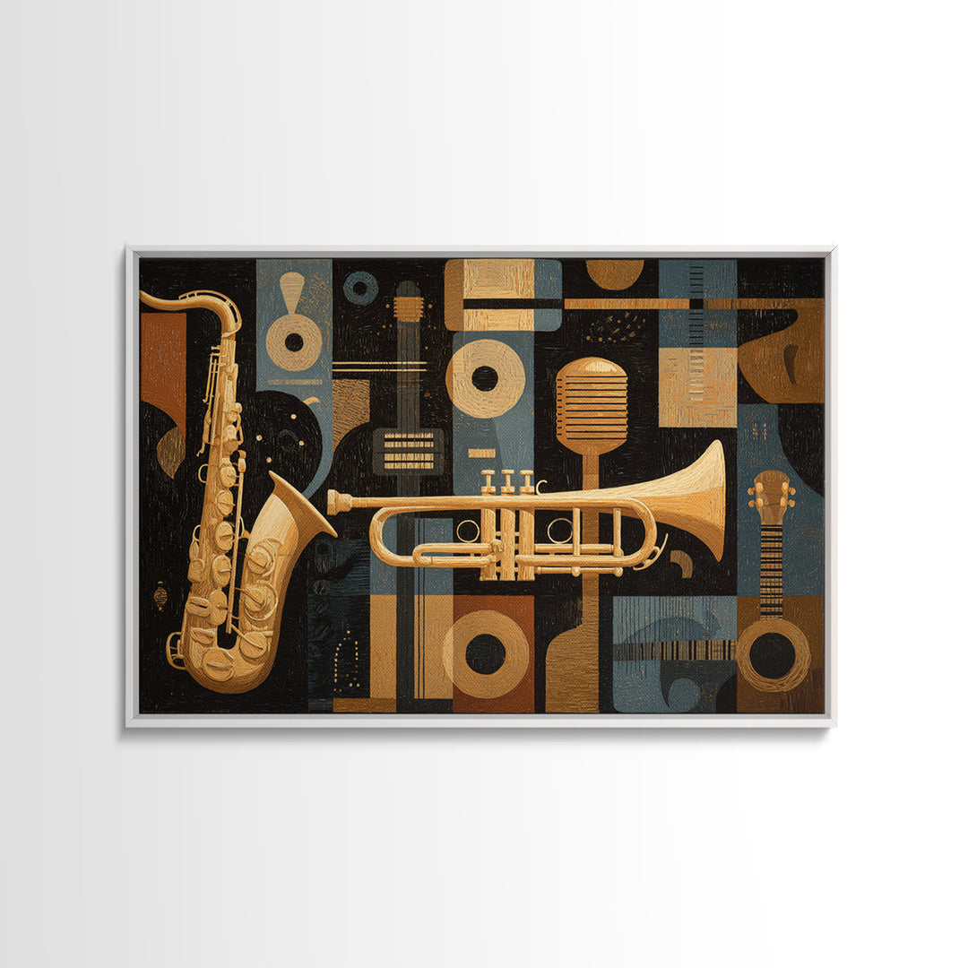 Jazz Trumpet and Microphone Still Life Framed Canvas Print, Recording Studio Art, Rock Music Art, Studio Decor, Oil Painting, RSA-3x2-59