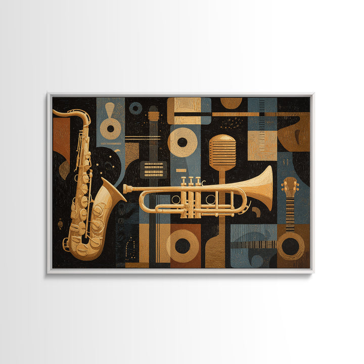 Jazz Trumpet and Microphone Still Life Framed Canvas Print, Recording Studio Art, Rock Music Art, Studio Decor, Oil Painting, RSA-3x2-59