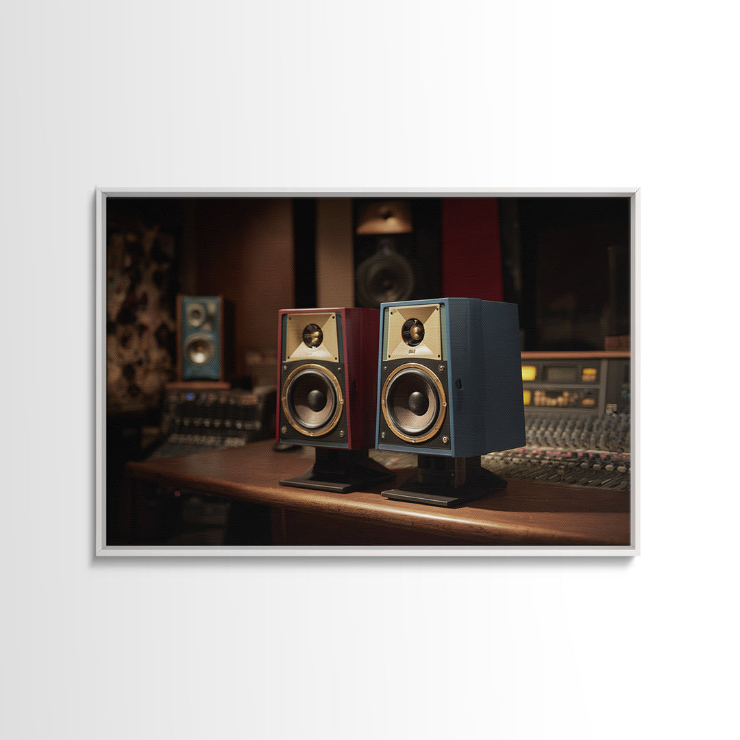 Studio Monitor Speakers as Bold Geometric Forms Framed Canvas Print, Recording Studio Art, Music Studio, Studio Decor, Analog, RSA-3x2-64