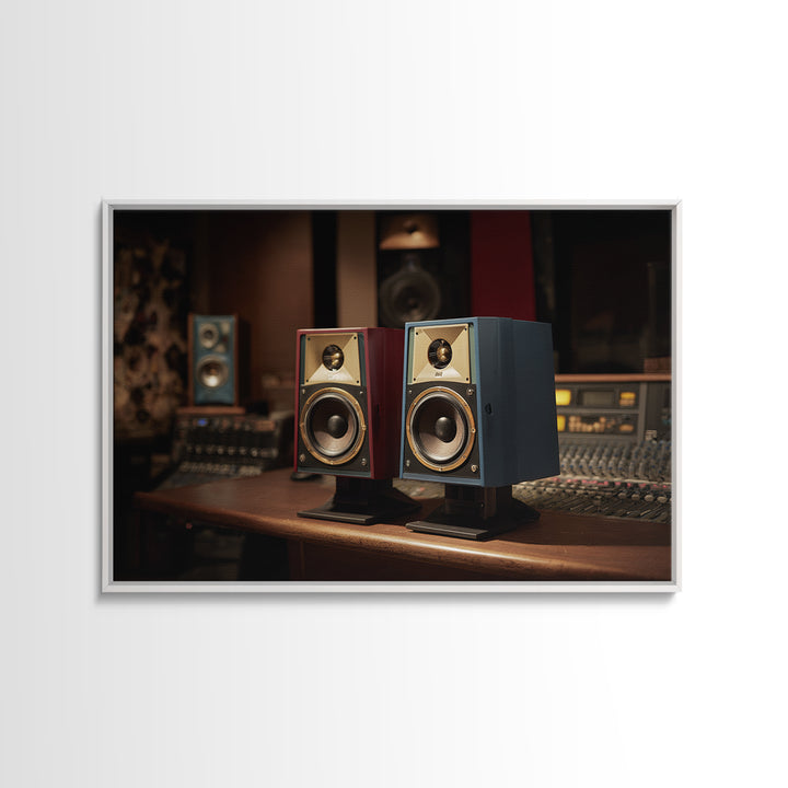 Studio Monitor Speakers as Bold Geometric Forms Framed Canvas Print, Recording Studio Art, Music Studio, Studio Decor, Analog, RSA-3x2-64