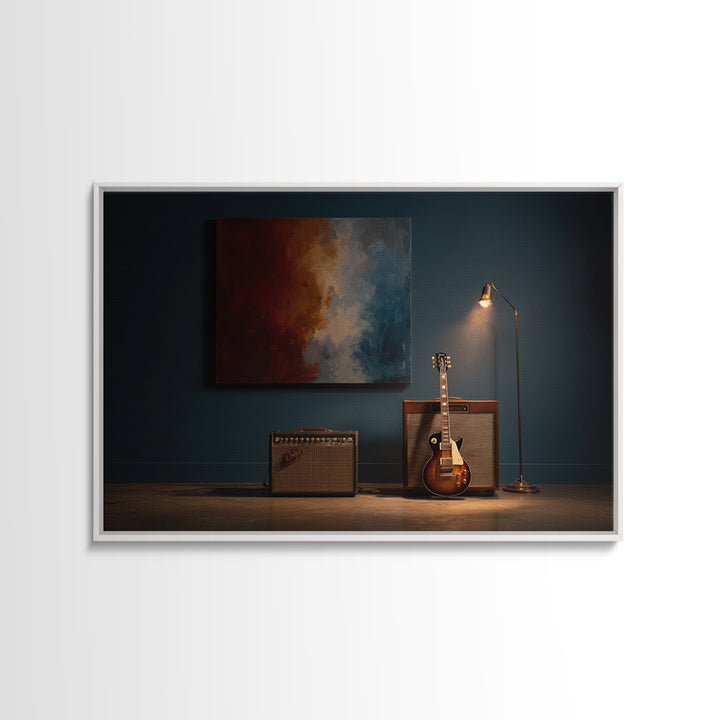 Electric Guitar Beside a Studio Amp Framed Canvas Print, Recording Studio Art, Studio Decor, Oil Painting, Analog, RSA-3x2-8
