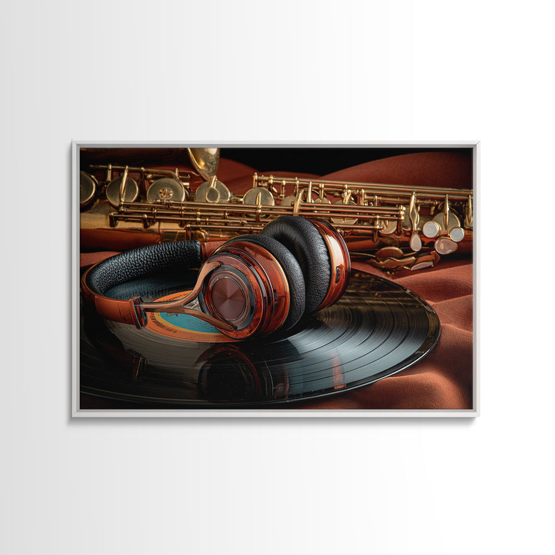 Headphones Resting on a Vinyl Record Framed Canvas Print, Recording Studio Art, Music Decor, Studio Decor, Fine Art, Analog, RSA-3x2-81