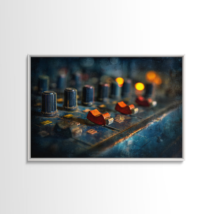 Mixing Console Faders Framed Canvas Print, Recording Studio Art, Black and White Art, Studio Decor, Oil Painting, Analog, RSA-3x2-82