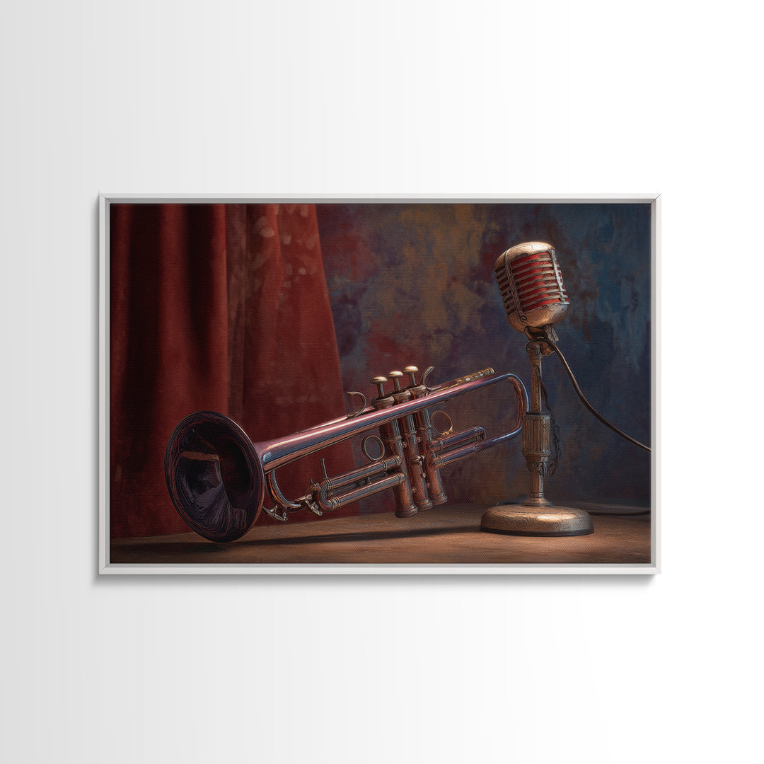 Jazz Trumpet and Microphone Still Life Canvas Print, Recording Studio Art, Neutral Decor, Studio Decor, Fine Art, Analog, RSA-3x2-83
