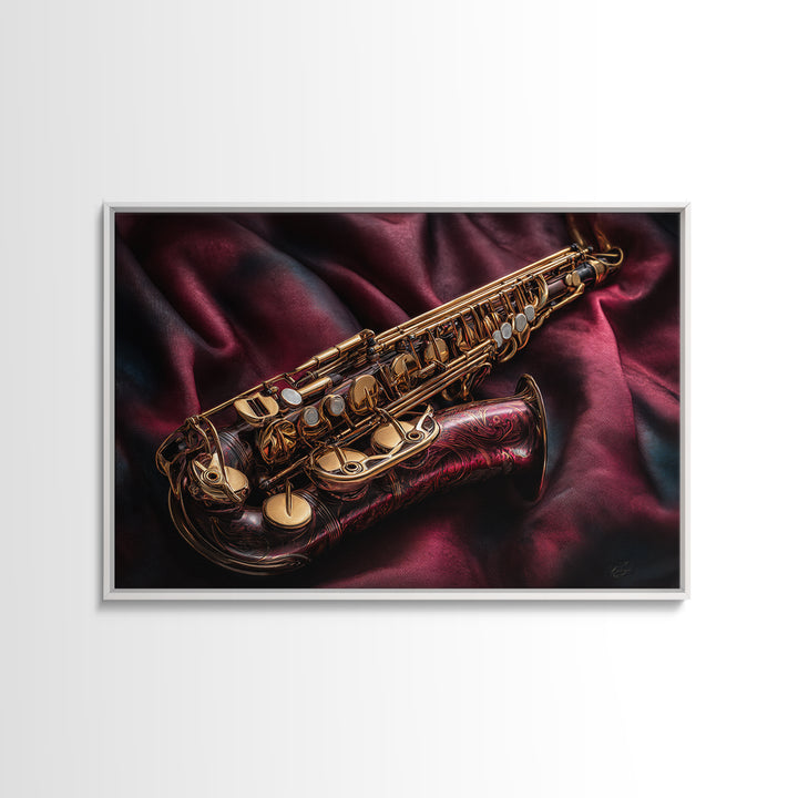 Brass Saxophone on Dark Velvet Framed Canvas Print, Recording Studio Art, Music Room Decor, Studio Decor, Fine Art, Analog, RSA-3x2-92
