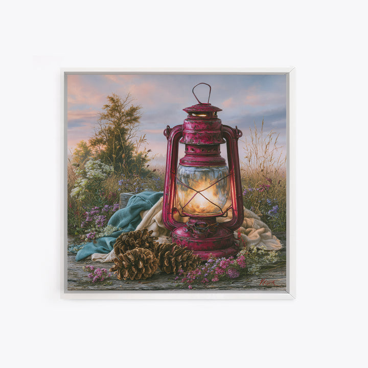 Rustic Lantern Glowing Beside Pinecones Framed Canvas Print, Rustic Art, Gallery Wall Set, Farmhouse Decor, Watercolor Art, RUS-1x1-100