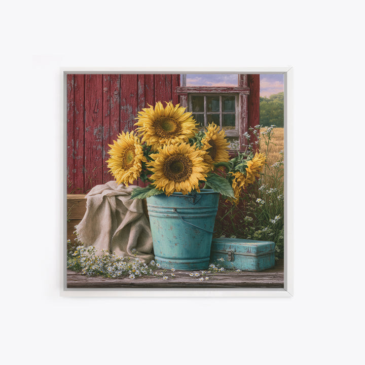 Sunflowers in a Metal Bucket Framed Canvas Print, Rustic Art, Painting, Farmhouse Decor, Oil Painting, Rustic, Boho Wall Art, RUS-1x1-12