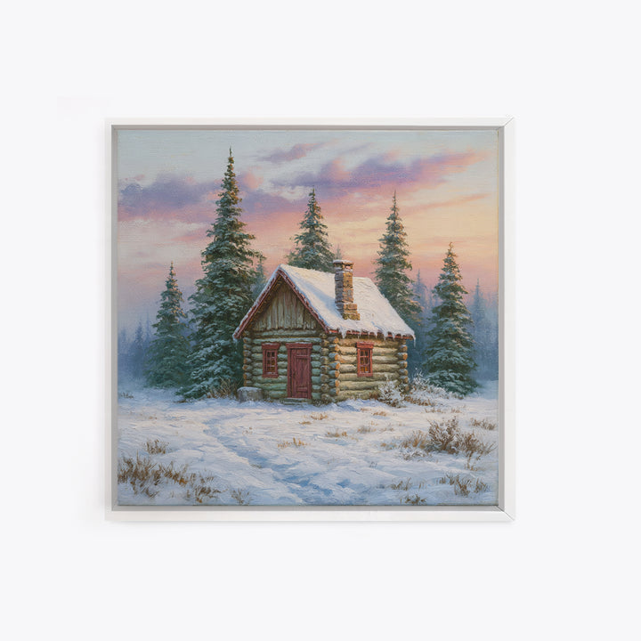 Log Cabin with Snowy Pines Canvas Print, Rustic Art, Farmhouse Decor, Oil Painting, Rustic, Gallery Wall Art, RUS-1x1-15