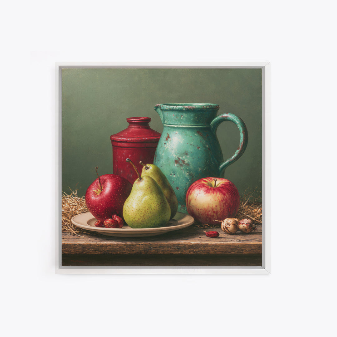 Rustic Pear and Apple Still Life Framed Canvas Print, Rustic Art, Landscape Wall Art, Farmhouse Decor, Fine Art, Rustic, RUS-1x1-21