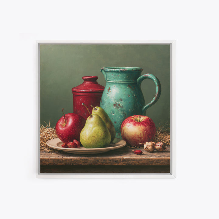 Rustic Pear and Apple Still Life Framed Canvas Print, Rustic Art, Landscape Wall Art, Farmhouse Decor, Fine Art, Rustic, RUS-1x1-21