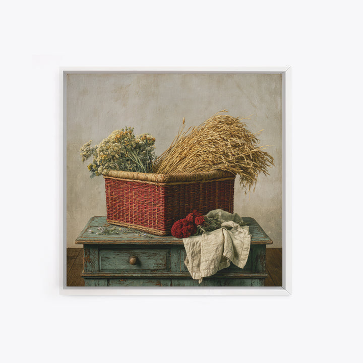 Handwoven Basket with Dried Grasses Framed Canvas Print, Rustic Art, Farmhouse Wall Art, Farmhouse Decor, Watercolor Art, RUS-1x1-24