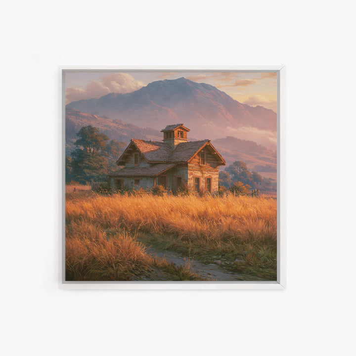 Mountain Cabin Landscape Framed Canvas Print, Rustic Art, Boho Wall Art, Farmhouse Decor, Oil Painting, Rustic, RUS-1x1-27