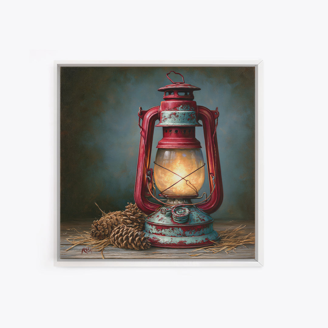 Rustic Lantern Glowing Beside Pinecones Framed Canvas Print, Rustic Art, Farmhouse Decor, Oil Painting, Rustic, RUS-1x1-28