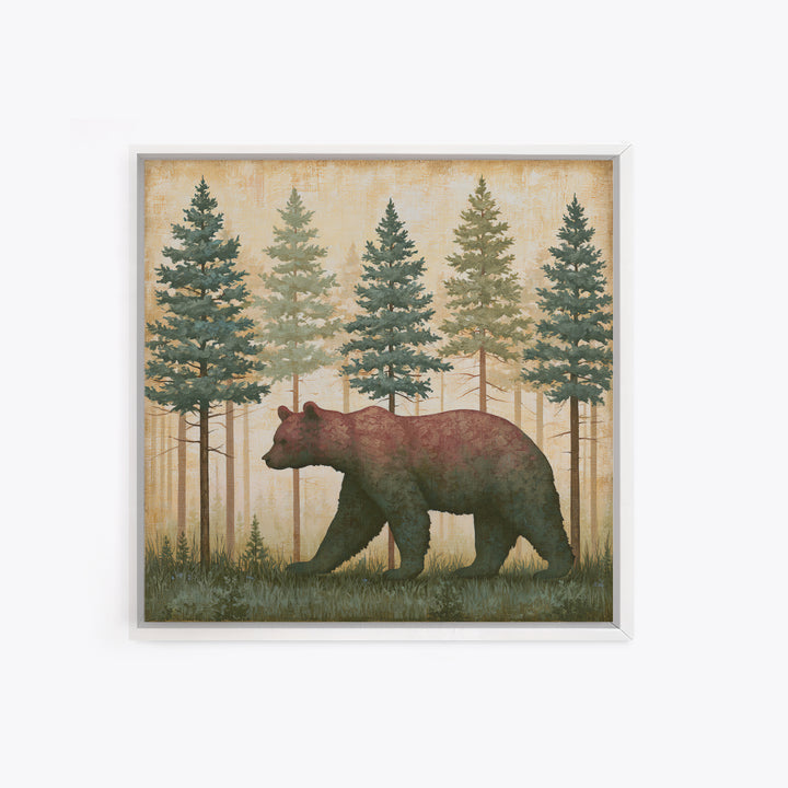 Bear Silhouette Among Pine Trees Canvas Print, Rustic Art, 3d Wall Art, Farmhouse Decor, Fine Art, Rustic, Living Room Art, RUS-1x1-31