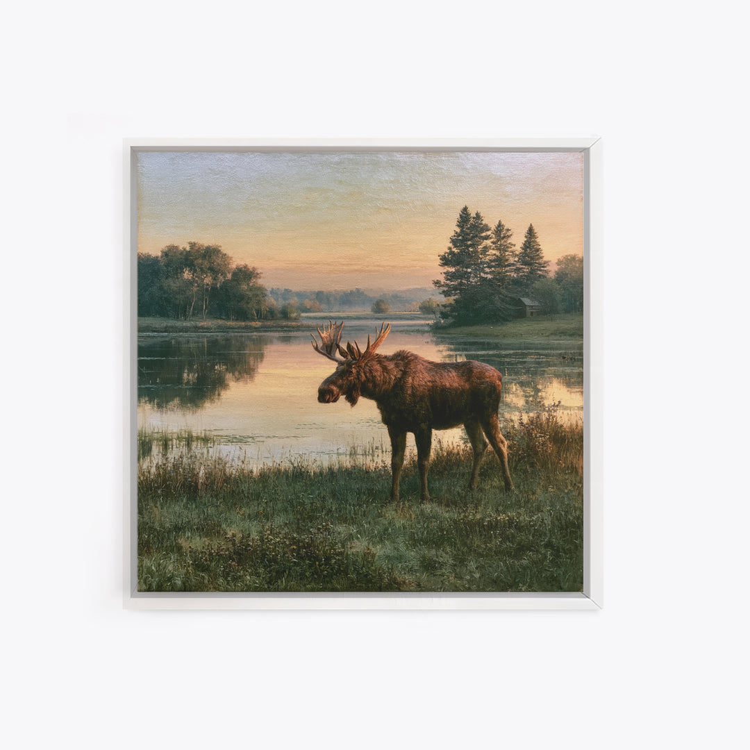 Moose Standing by a Quiet Lake Framed Canvas Print, Rustic Art, Fine Art Print, Farmhouse Decor, Fine Art, Rustic, Painting, RUS-1x1-33