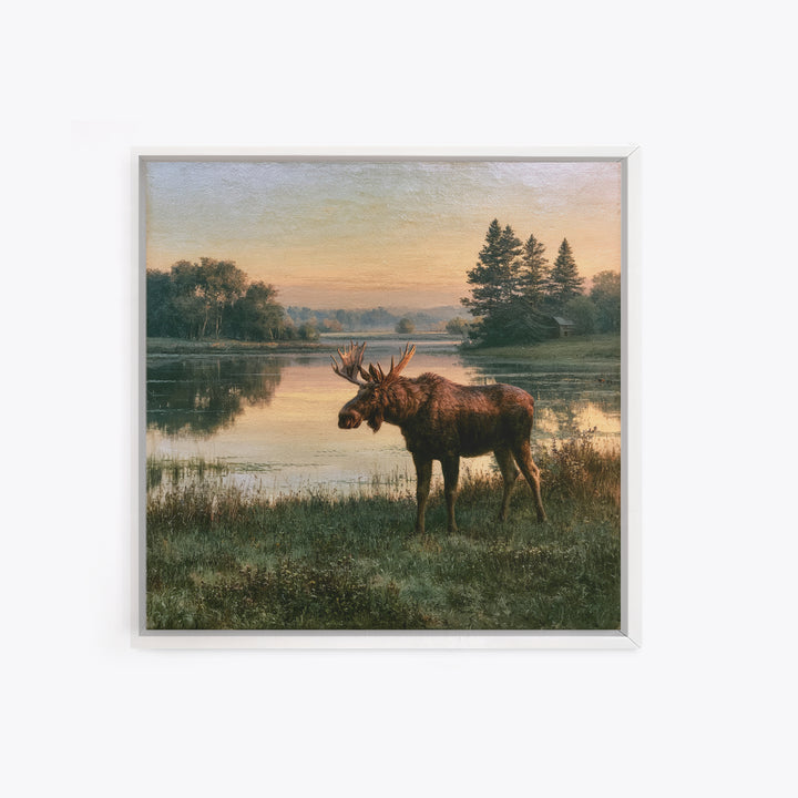 Moose Standing by a Quiet Lake Framed Canvas Print, Rustic Art, Fine Art Print, Farmhouse Decor, Fine Art, Rustic, Painting, RUS-1x1-33