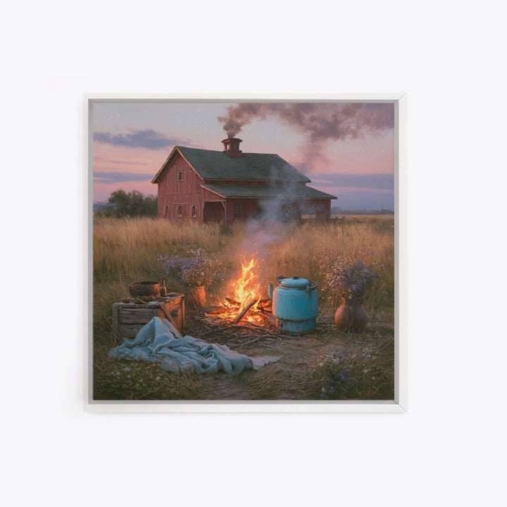 Campfire under a Starry Sky Framed Canvas Print, Rustic Art, Landscape Wall Art, Farmhouse Decor, Watercolor Art, Rustic, RUS-1x1-34