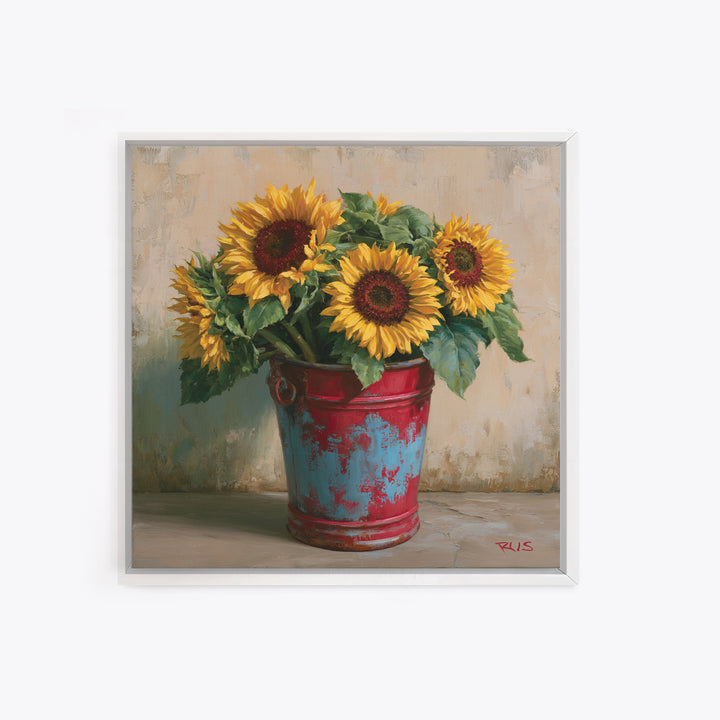 Sunflowers in a Metal Bucket Canvas Print, Rustic Art, Farmhouse Decor, Watercolor Art, Rustic, Landscape Painting, RUS-1x1-36