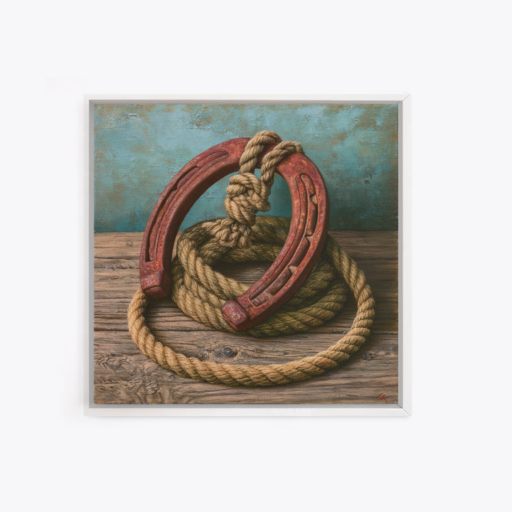 Rusty Horseshoe and Rope Composition Framed Canvas Print, Rustic Art, Gallery Wall Set, Farmhouse Decor, Oil Painting, Rustic, RUS-1x1-37