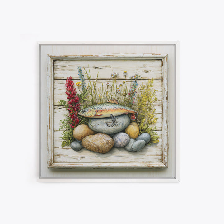 Trout Fishing Lure and River Stones Framed Canvas Print, Rustic Art, Landscape Art, Farmhouse Decor, Fine Art, Rustic, RUS-1x1-38