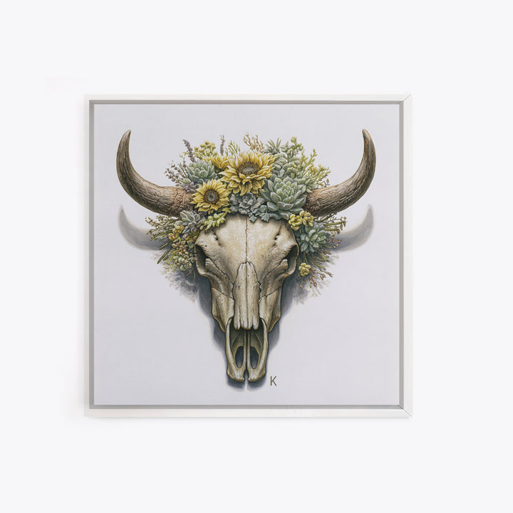 Cow Skull with Desert Flowers Framed Canvas Print, Rustic Art, Gallery Decor, Farmhouse Decor, Oil Painting, Rustic, RUS-1x1-41