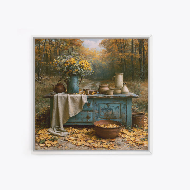 Forest Path with Golden Autumn Leaves Framed Canvas Print, Rustic Art, Eclectic Wall Art, Farmhouse Decor, Fine Art, Rustic, RUS-1x1-42
