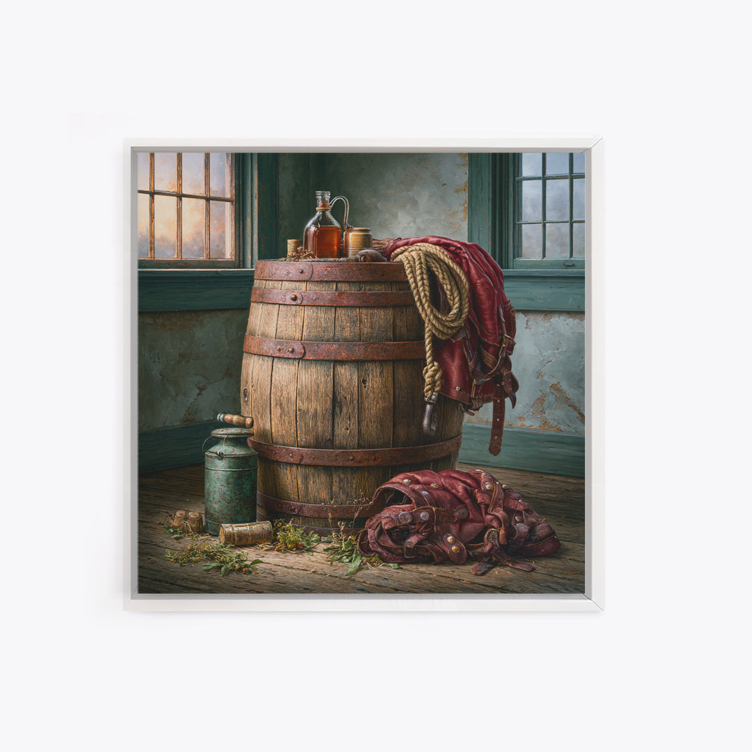Whiskey Barrel and Leather Still Life Framed Canvas Print, Rustic Art, Wood Art, Farmhouse Decor, Oil Painting, Rustic, RUS-1x1-43