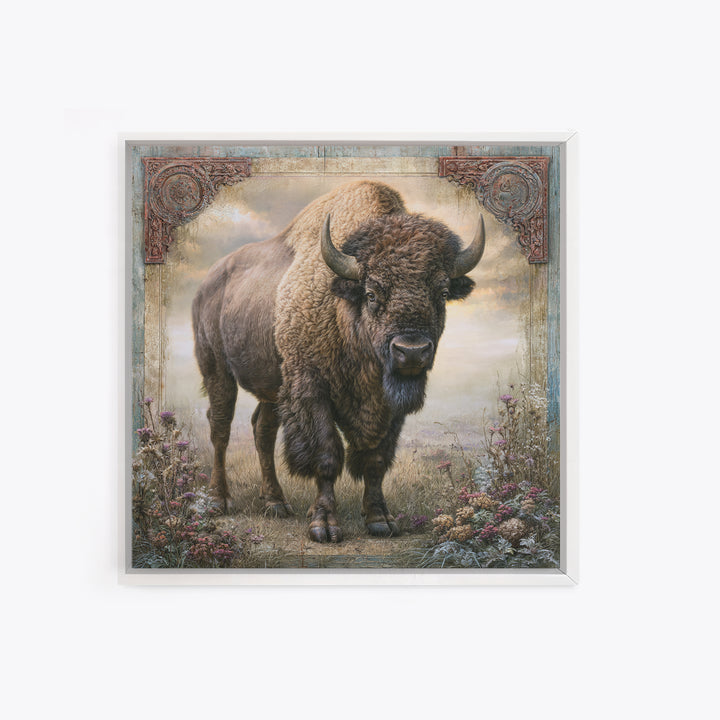 Buffalo Portrait with Western Texture Framed Canvas Print, Rustic Art, Farmhouse Wall Art, Farmhouse Decor, Fine Art, Rustic, RUS-1x1-46