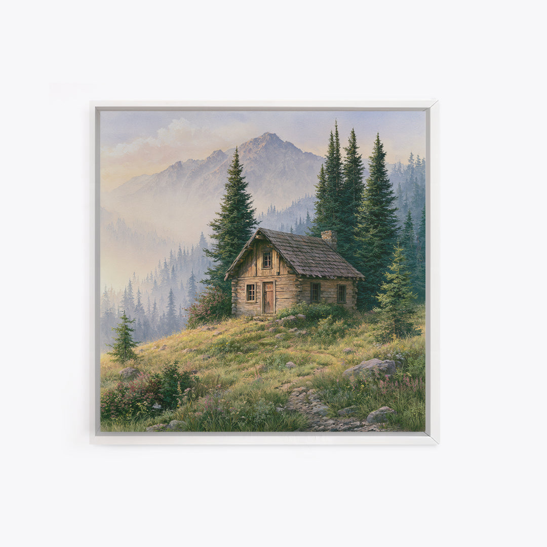 Mountain Cabin Landscape Framed Canvas Print, Rustic Art, Landscape Art, Farmhouse Decor, Fine Art, Rustic, Room Decor, RUS-1x1-51