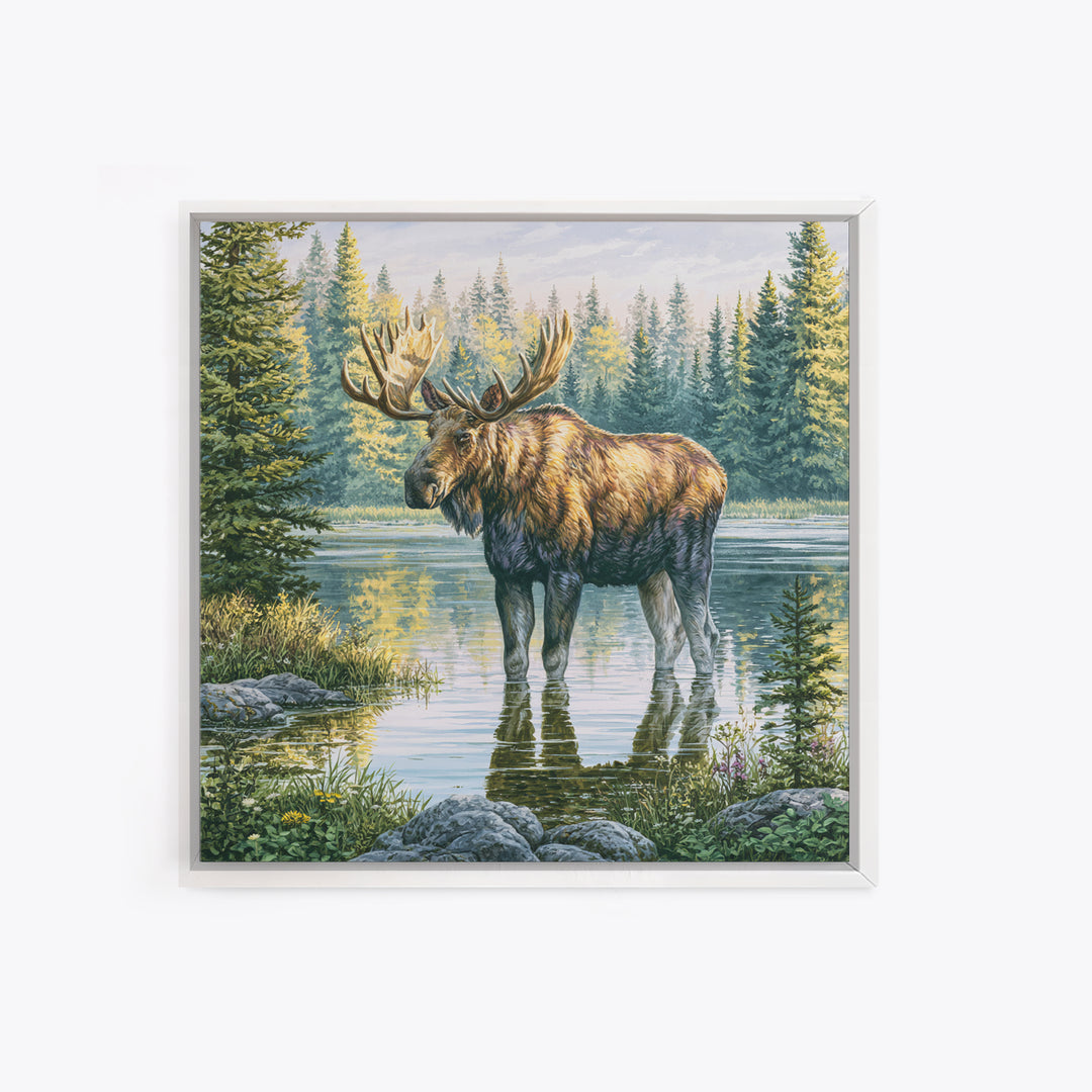 Moose Standing by a Quiet Lake Framed Canvas Print, Rustic Art, Fine Art Print, Farmhouse Decor, Fine Art, Rustic, Painting, RUS-1x1-57