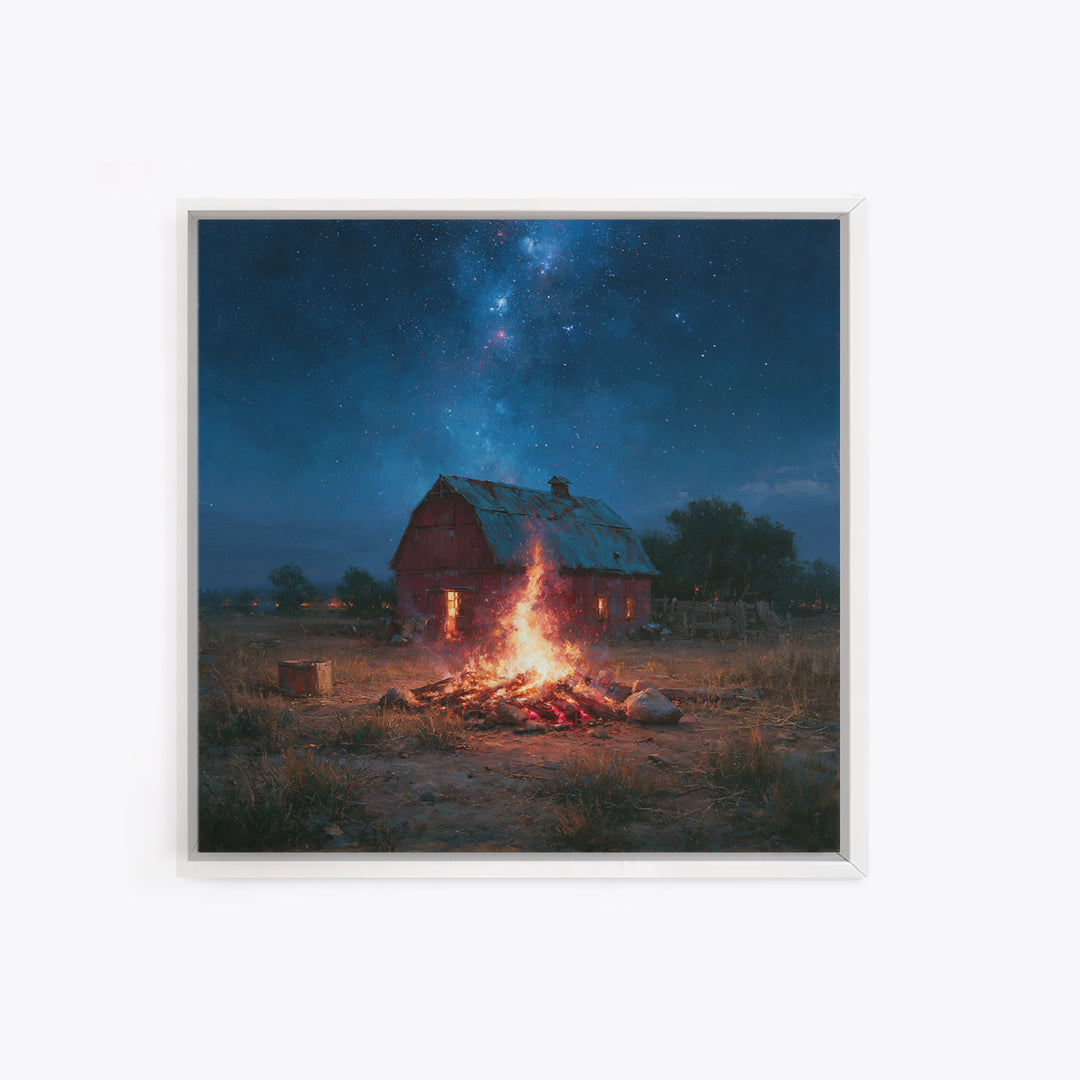 Campfire under a Starry Sky Framed Canvas Print, Rustic Art, Landscape Wall Art, Farmhouse Decor, Watercolor Art, Rustic, RUS-1x1-58