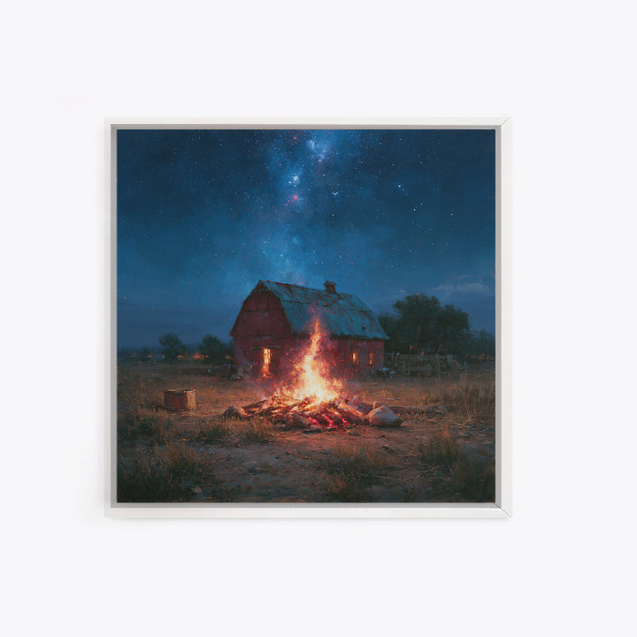 Campfire under a Starry Sky Framed Canvas Print, Rustic Art, Landscape Wall Art, Farmhouse Decor, Watercolor Art, Rustic, RUS-1x1-58