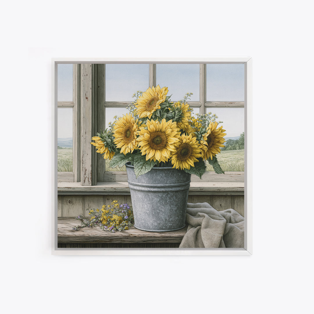 Sunflowers in a Metal Bucket Canvas Print, Rustic Art, Modern Art, Farmhouse Decor, Rustic, Neutral Decor, Modern Decor, RUS-1x1-60