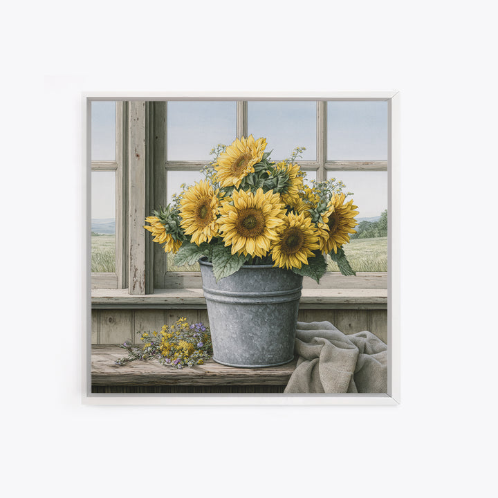 Sunflowers in a Metal Bucket Canvas Print, Rustic Art, Modern Art, Farmhouse Decor, Rustic, Neutral Decor, Modern Decor, RUS-1x1-60