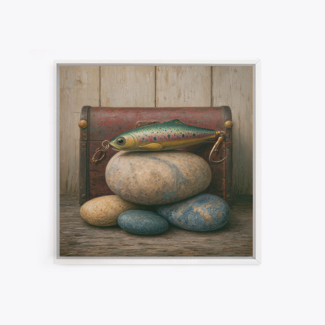 Trout Fishing Lure and River Stones Framed Canvas Print, Rustic Art, Landscape Art, Farmhouse Decor, Fine Art, Rustic, RUS-1x1-62