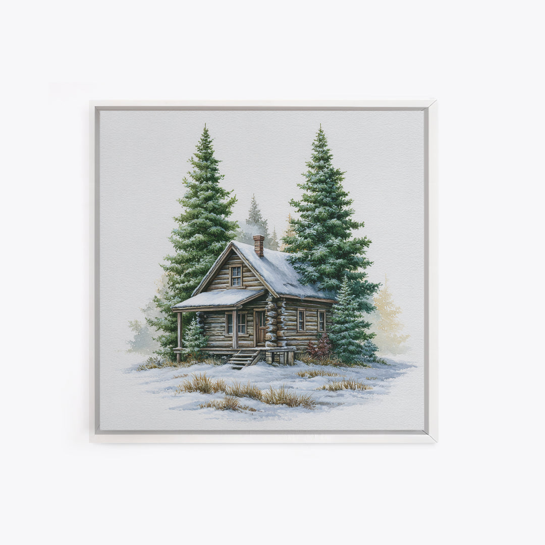 Log Cabin with Snowy Pines Framed Canvas Print, Rustic Art, Gallery Wall Set, Farmhouse Decor, Rustic, Minimalist Decor, RUS-1x1-63