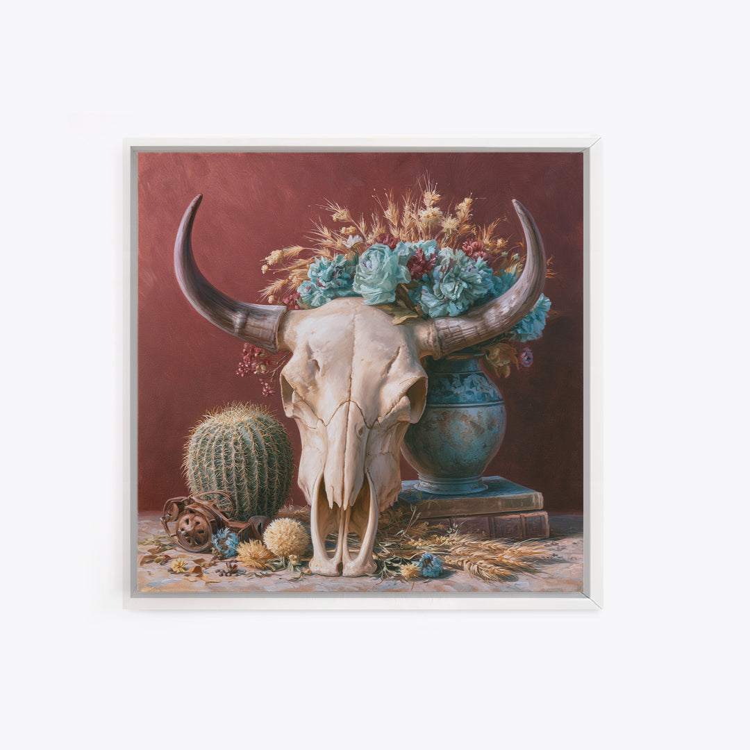 Cow Skull with Desert Flowers Framed Canvas Print, Rustic Art, Gallery Decor, Farmhouse Decor, Oil Painting, Rustic, RUS-1x1-65