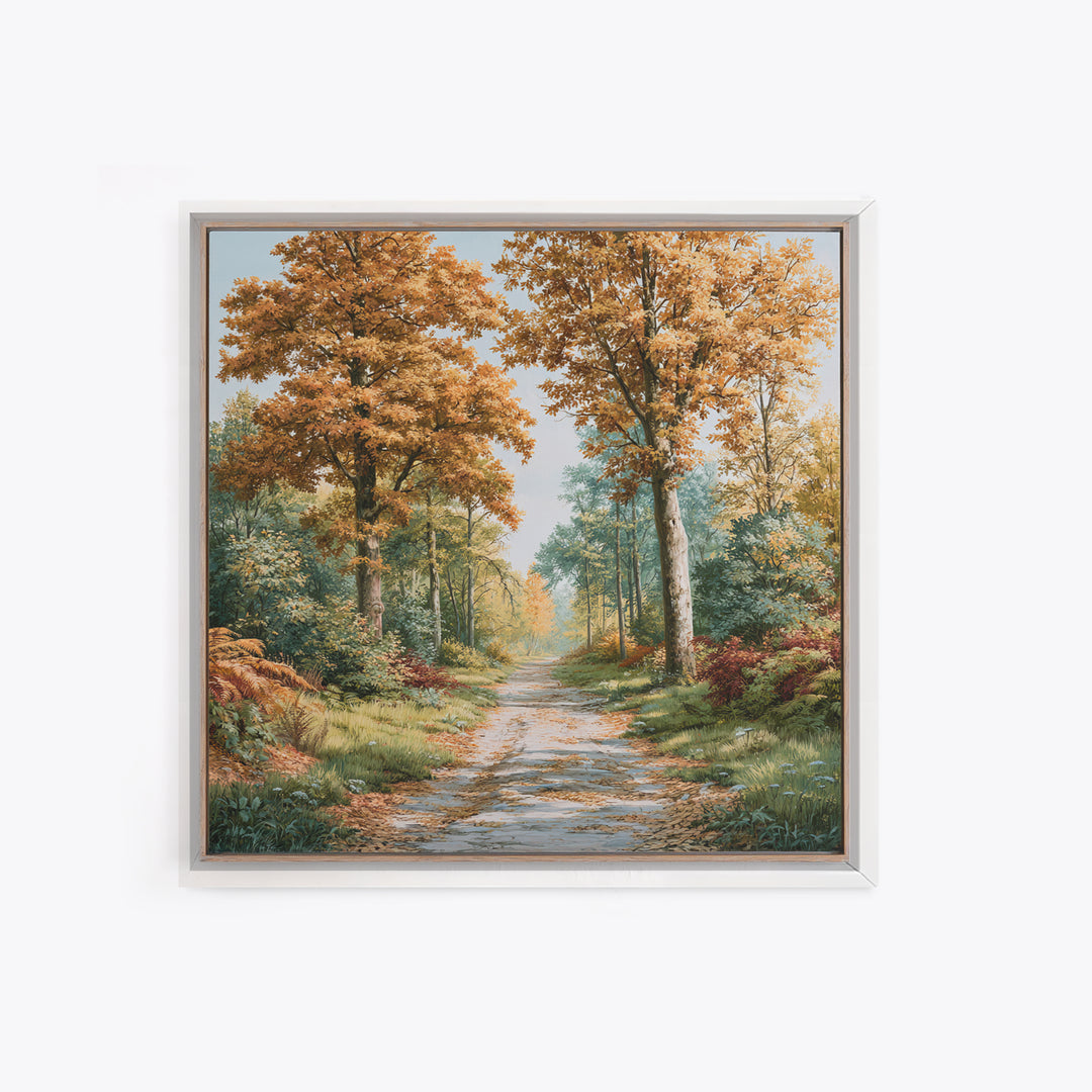 Forest Path with Golden Autumn Leaves Framed Canvas Print, Rustic Art, Eclectic Wall Art, Farmhouse Decor, Fine Art, Rustic, RUS-1x1-66