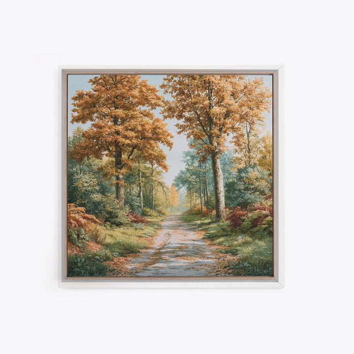 Forest Path with Golden Autumn Leaves Framed Canvas Print, Rustic Art, Eclectic Wall Art, Farmhouse Decor, Fine Art, Rustic, RUS-1x1-66