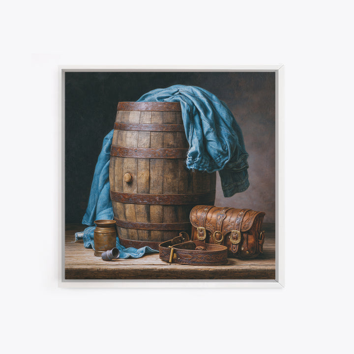 Whiskey Barrel and Leather Still Life Framed Canvas Print, Rustic Art, Gallery Decor, Farmhouse Decor, Fine Art, Rustic, RUS-1x1-67