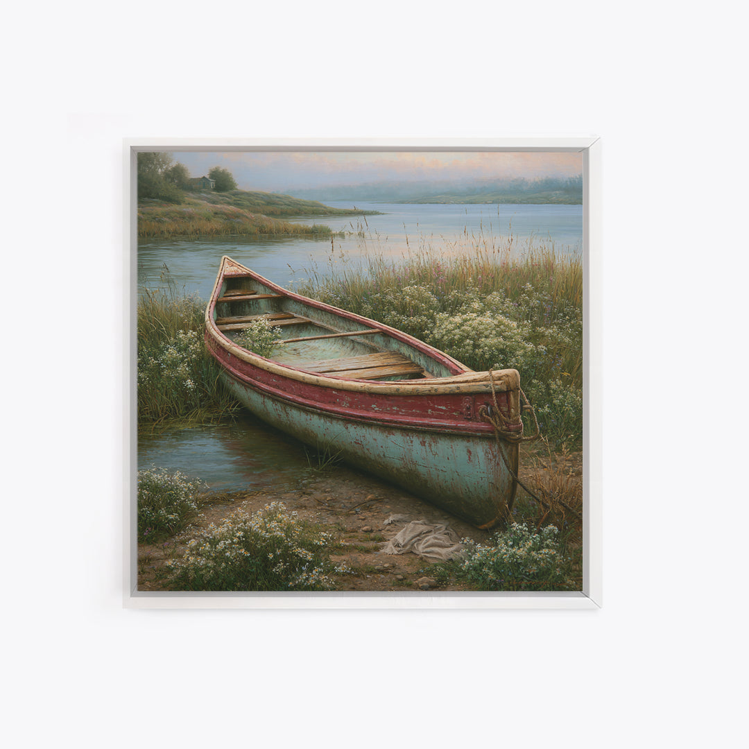 Old Canoe Pulled Onto a Lake Shore Framed Canvas Print, Rustic Art, Eclectic Wall Art, Farmhouse Decor, Oil Painting, Rustic, RUS-1x1-68