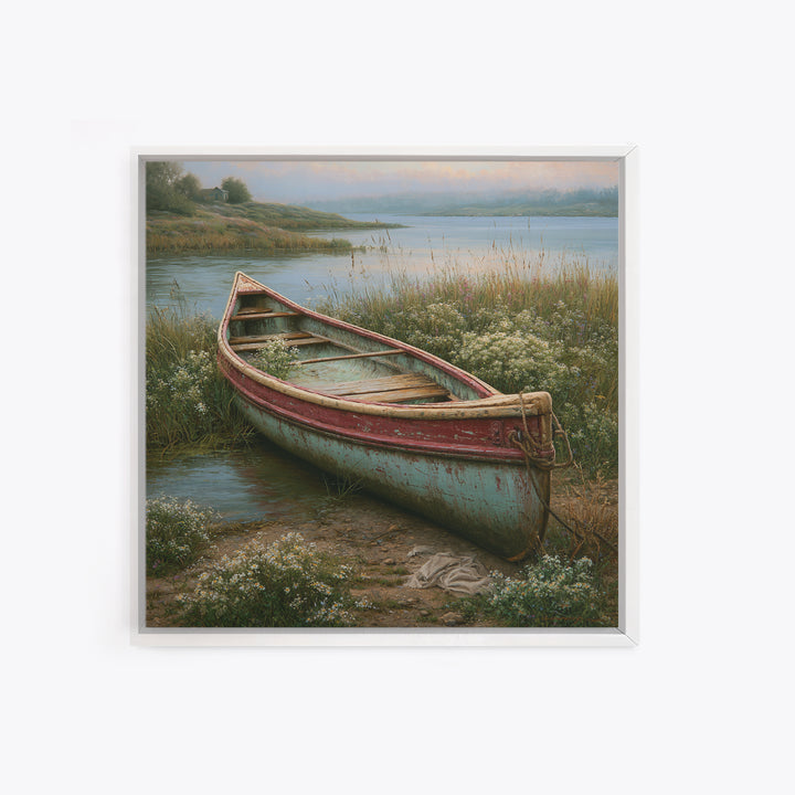 Old Canoe Pulled Onto a Lake Shore Framed Canvas Print, Rustic Art, Eclectic Wall Art, Farmhouse Decor, Oil Painting, Rustic, RUS-1x1-68