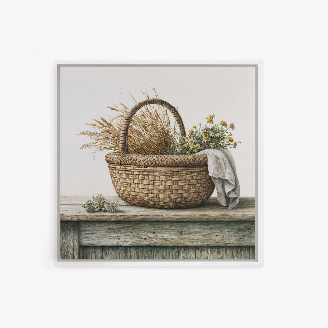 Handwoven Basket with Dried Grasses Framed Canvas Print, Rustic Art, Gallery Wall Art, Farmhouse Decor, Abstract Art, Rustic, RUS-1x1-72