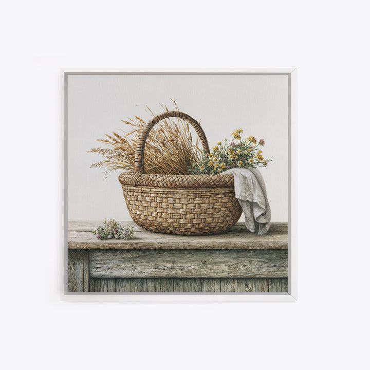 Handwoven Basket with Dried Grasses Framed Canvas Print, Rustic Art, Gallery Wall Art, Farmhouse Decor, Abstract Art, Rustic, RUS-1x1-72