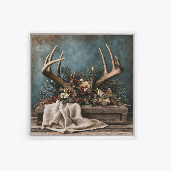 Deer Antlers with Pine Branches and Berries Framed Canvas Print, Rustic Art, Gallery Wall Set, Farmhouse Decor, Watercolor Art, RUS-1x1-74