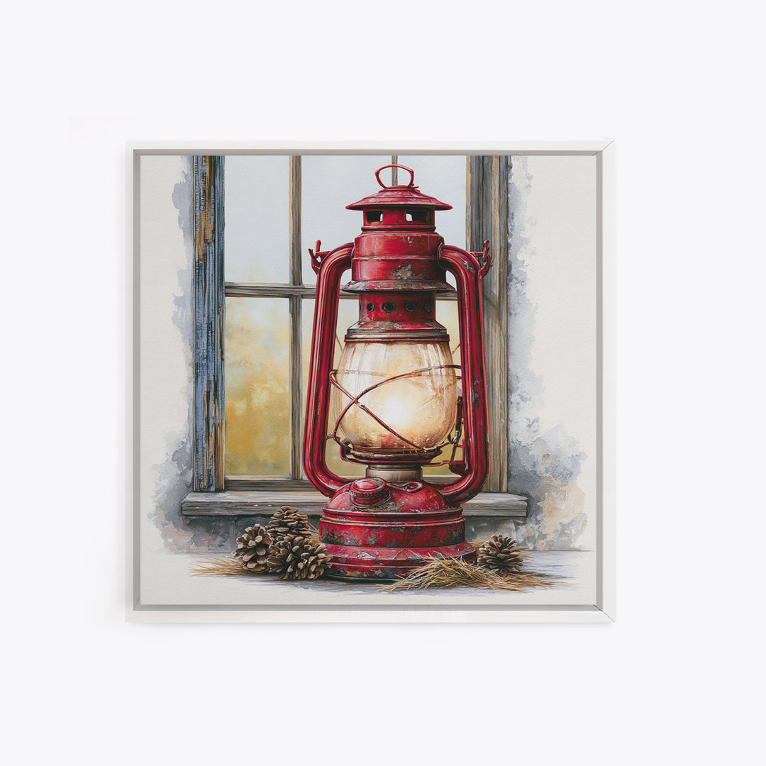 Rustic Lantern Glowing Beside Pinecones Canvas Print, Rustic Art, Portrait Painting, Farmhouse Decor, Fine Art, Rustic, RUS-1x1-76