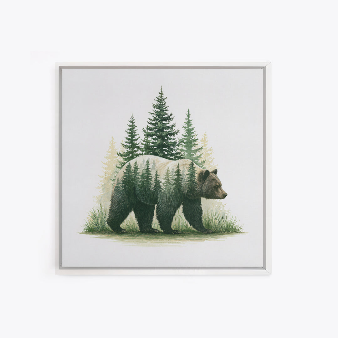 Bear Silhouette Among Pine Trees Framed Canvas Print, Rustic Art, Modern Decor, Farmhouse Decor, Oil Painting, Rustic, RUS-1x1-79