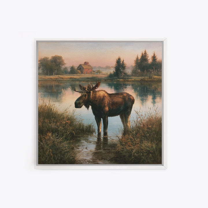 Moose Standing by a Quiet Lake Canvas Print, Rustic Art, Textured Painting, Farmhouse Decor, Oil Painting, Rustic, RUS-1x1-81